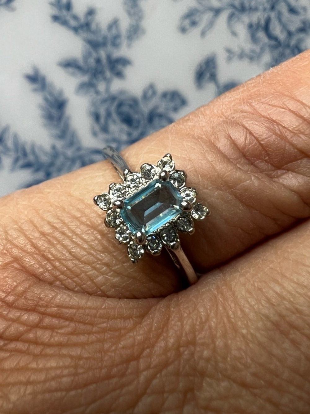 Silver Tone Aquamarine Emerald Cut CZ Halo Ring Size 5.75 #5754